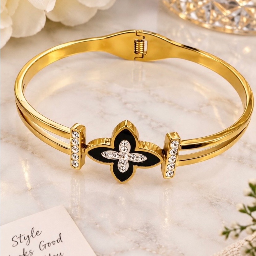 Gold Black Floral Crystal Accent Bangle Bracelet